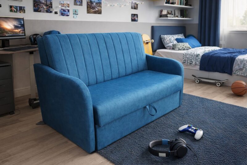 1 Niebieska Sofa Sofia z funkcją spania i pojemnikiem na pościel