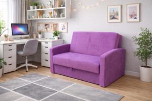 Fioletowa Sofa Lupo z funkcją spania i pojemnikiem na pościel