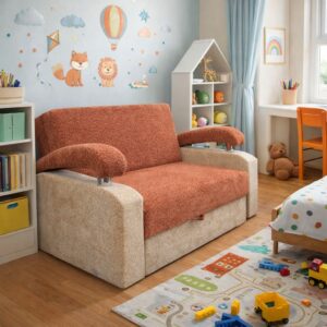 Sofa dziecięca rozkładana Miki w kolorze ceglastym z kremowymi bokami i funkcją spania Sofa dziecięca rozkładana Miki w kolorze ceglastym z kremowymi bokami i funkcją spania