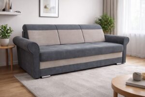 Szara Sofa Chesterfield z funkcją spania i pojemnikiem na pościel