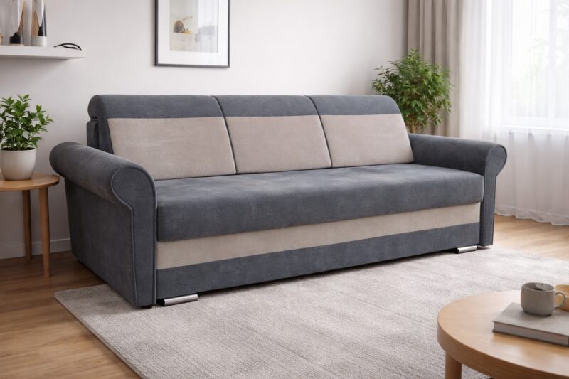 Szara Sofa Chesterfield z funkcją spania i pojemnikiem na pościel