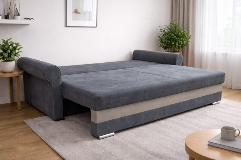 Szara Sofa Chesterfield z funkcją spania i pojemnikiem na pościel