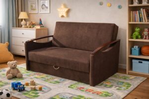 Brązowa Sofa Rimmini z funkcją spania i pojemnikiem na pościel